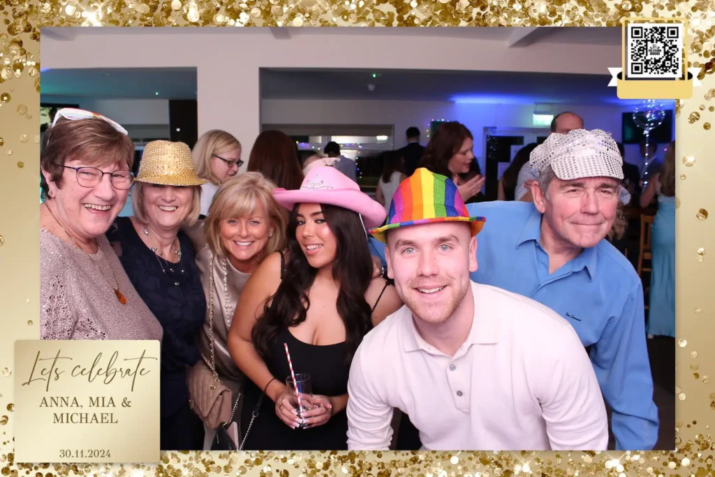 Selfie pod print from a Disctilldawn Events celebration with guests wearing cowboy hats, rainbow hats and party props