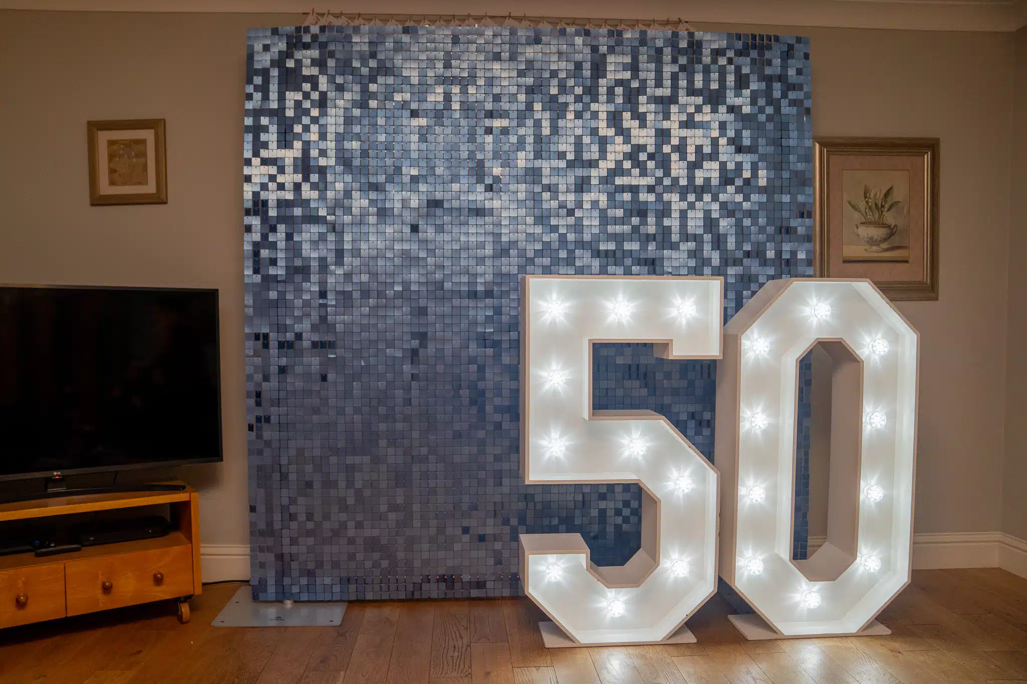 Blue sequin wall backdrop