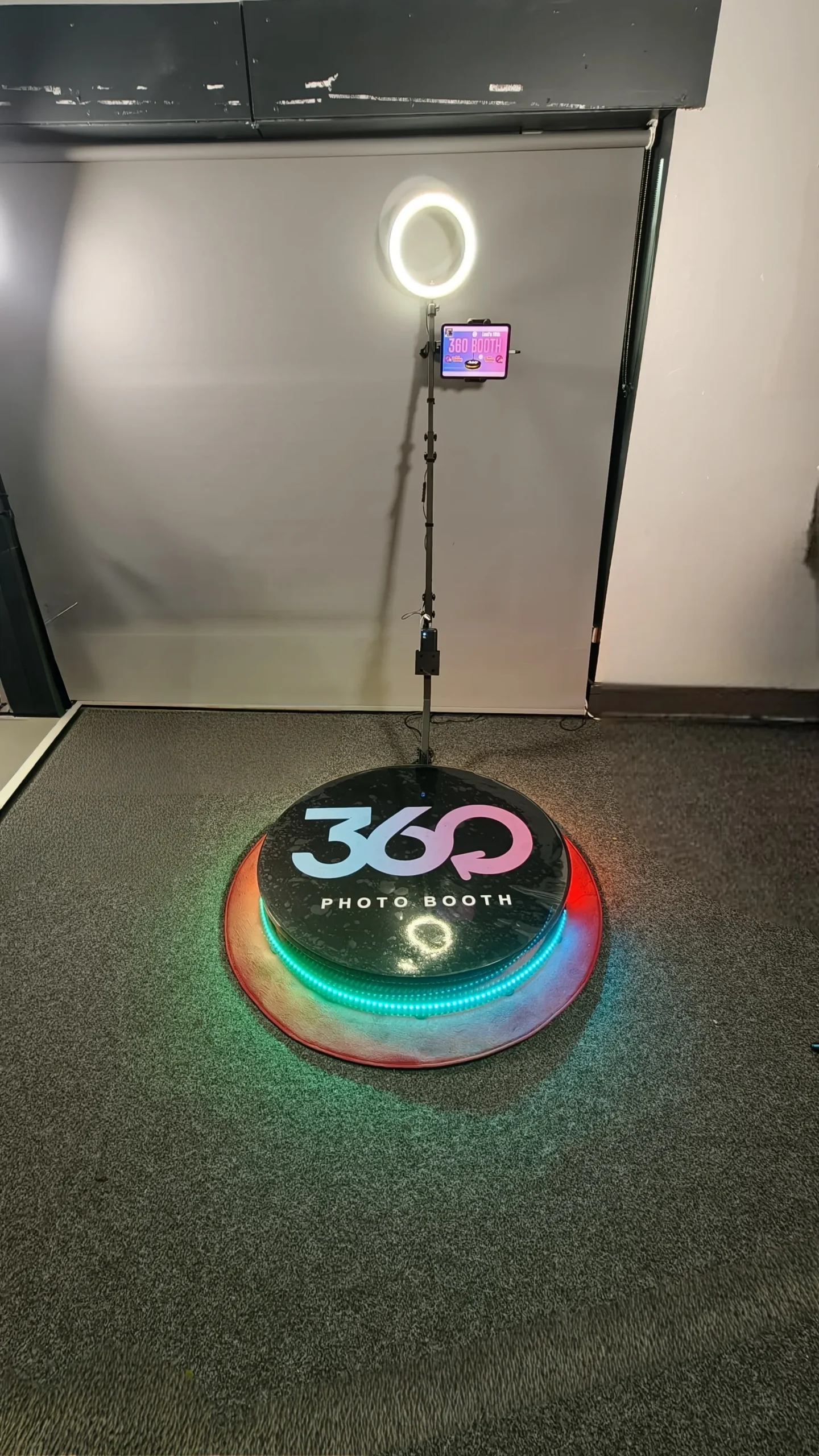 Disctilldawn 360 video booth with ring light and rainbow LED platform