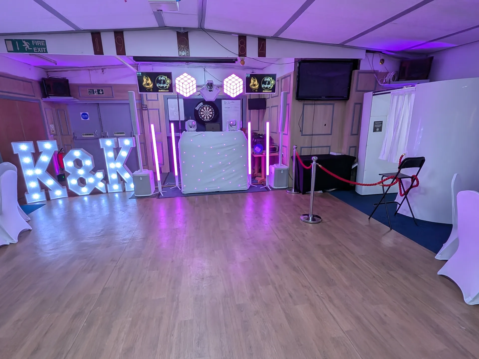 Professional disco and photo booth setup ready for a 70th birthday celebration