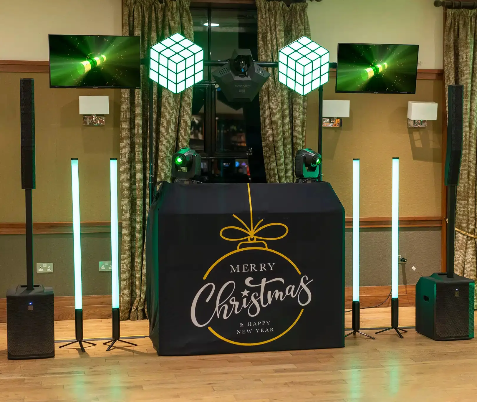 Disctilldawn DJ and photo booth setup at a corporate Christmas party