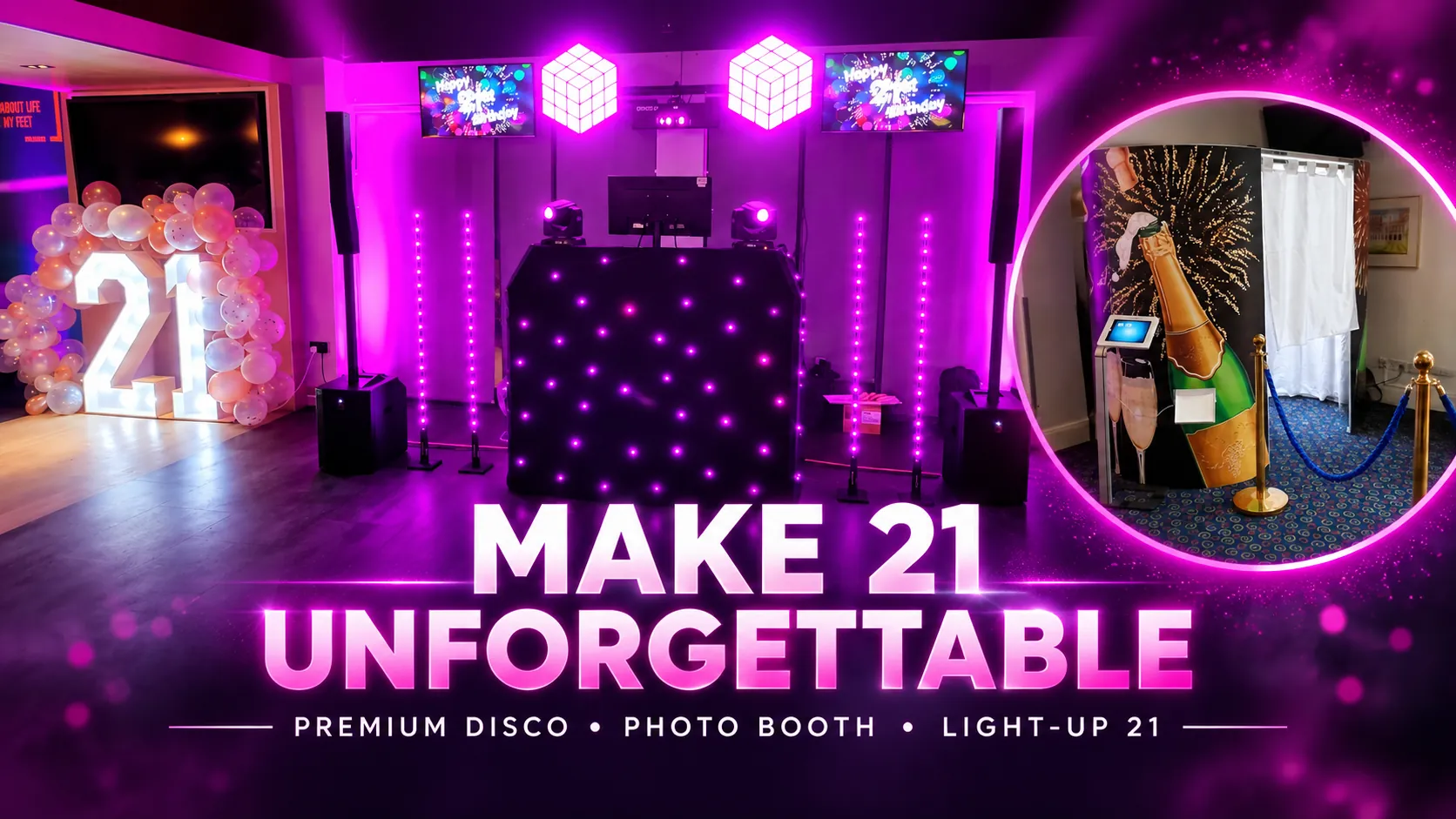 Disctilldawn Premium Disco, photo booth and illuminated light-up 21 numbers for a 21st birthday party