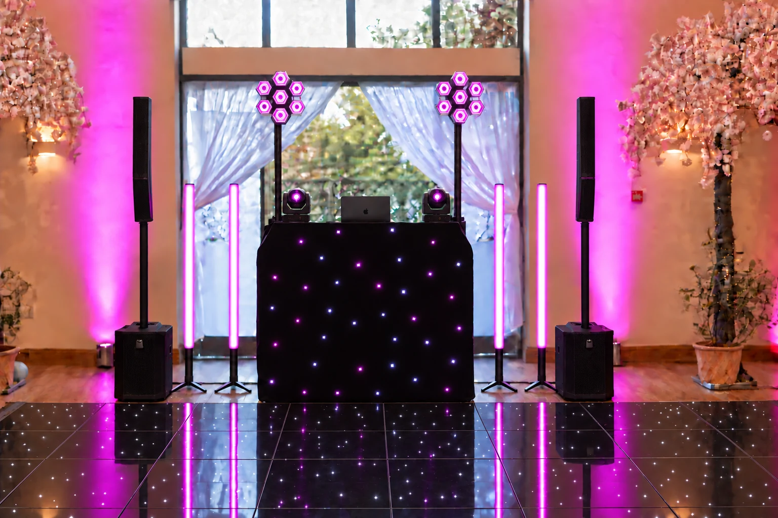 Premium Disco in Black with pixel tubes, moving heads and black starlit dance floor for Disco Hire Hayes events