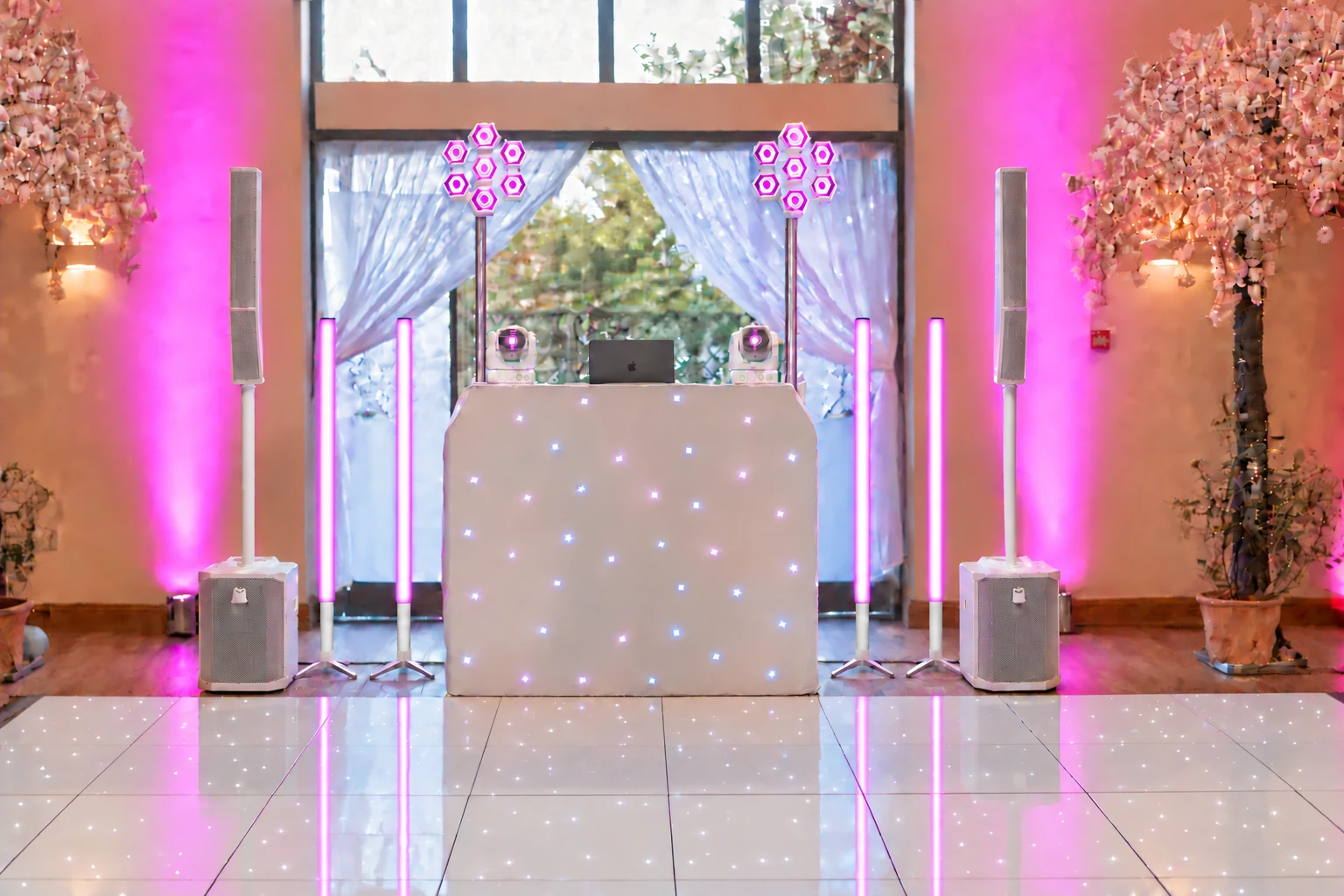 Premium Disco in White with pixel tubes, moving heads and white starlit dance floor for Stanmore events
