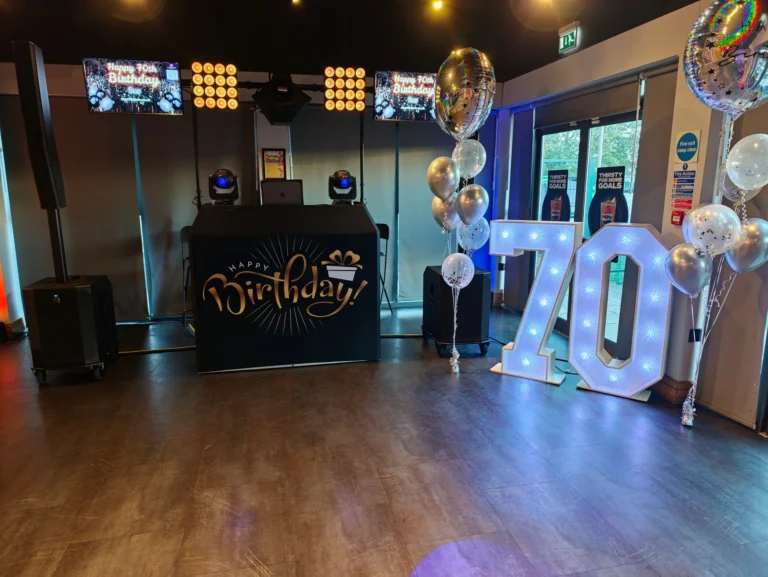Disctilldawn Bronze package disco setup with birthday screens and illuminated 70 numbers at Goals Ruislip