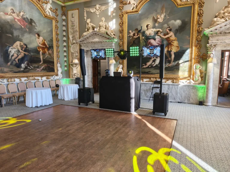 Disctilldawn disco setup beside the dance floor in an ornate room at Moor Park Golf Club, Rickmansworth
